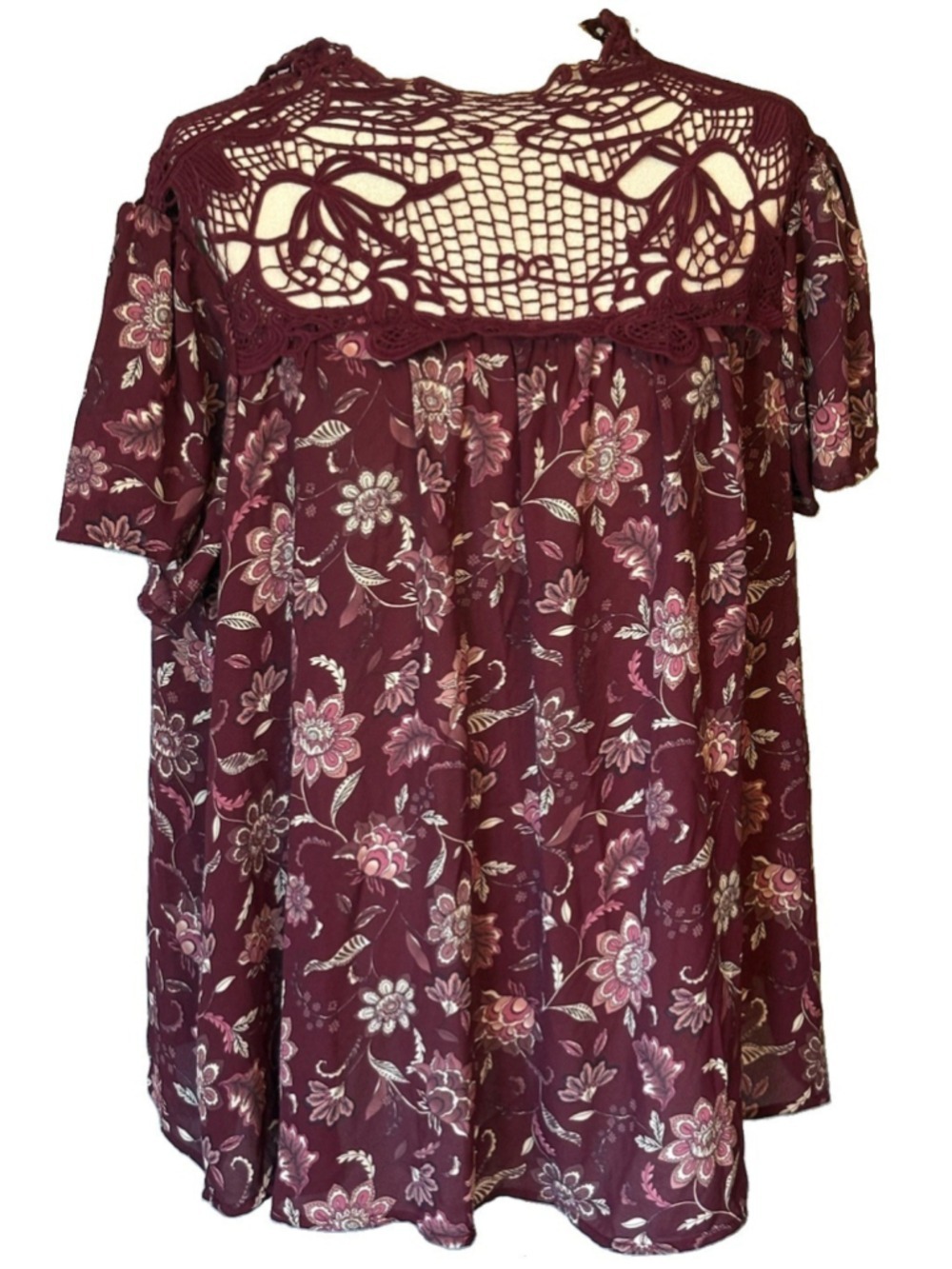 Lane Bryant 18/20 Blouse Burgundy Floral Crochet Lace Boho Plus Size Short Slv